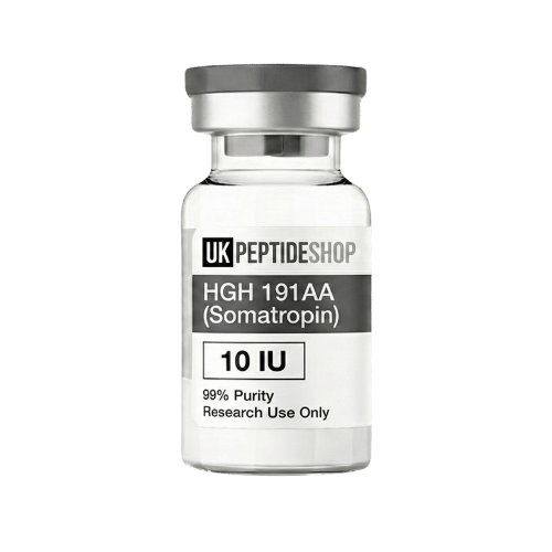 Vial labeled 'UK Peptide Shop' with 'HGH 191AA (Somatropin)' on a white background